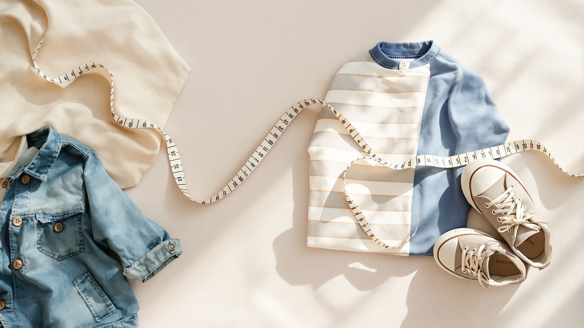 Children's clothing flat-lay with measuring tape — jackets, shirts and tiny shoes arranged on a linen surface
