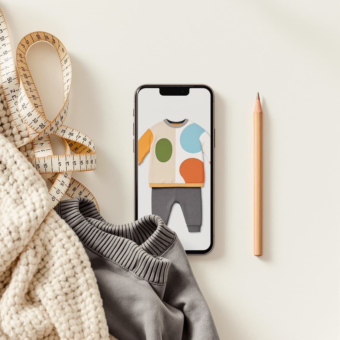 Smartphone showing a children's outfit with size indicator, beside a ruler and pencil on a warm desk